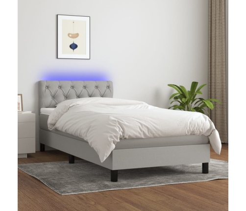 Cama box spring colchón y luces LED tela gris claro 80x200 cm