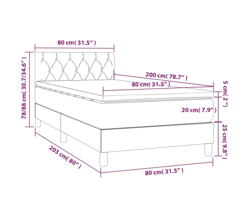 Cama box spring colchón y luces LED tela gris oscuro 80x200 cm