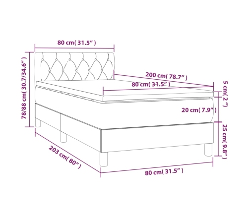 Cama box spring colchón y luces LED tela crema 80x200 cm