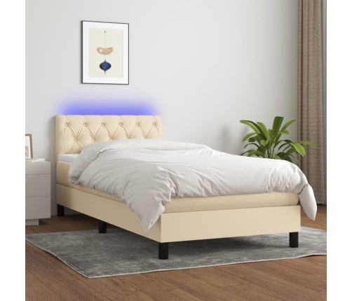 Cama box spring colchón y luces LED tela crema 80x200 cm