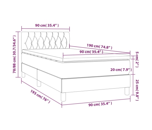 Cama box spring colchón y luces LED tela gris claro 90x190 cm