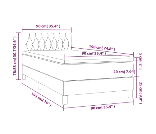 Cama box spring colchón y luces LED tela gris taupe 90x190 cm