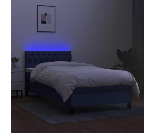 Cama box spring colchón y luces LED tela azul 90x190 cm