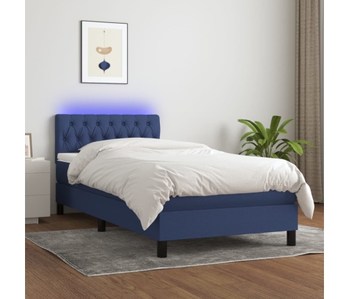 Cama box spring colchón y luces LED tela azul 90x190 cm