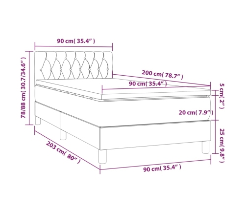 Cama box spring colchón y luces LED tela gris oscuro 90x200 cm