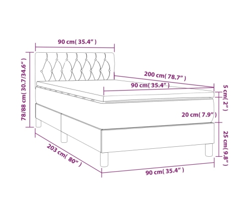 Cama box spring colchón y luces LED tela gris taupe 90x200 cm