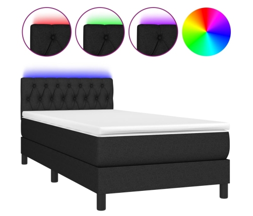 Cama box spring colchón y luces LED tela negro 100x200 cm