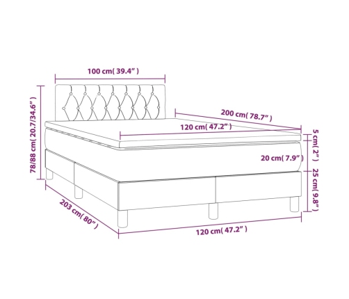 Cama box spring con colchón y LED tela marrón oscuro 120x200 cm