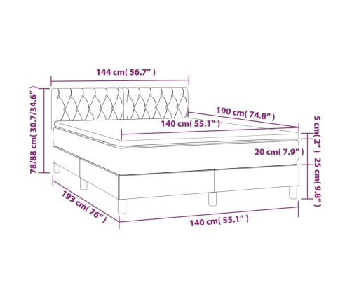 Cama box spring colchón y luces LED tela gris claro 140x190 cm