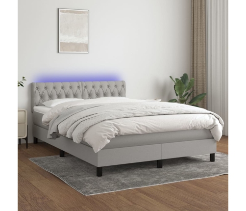 Cama box spring colchón y luces LED tela gris claro 140x190 cm