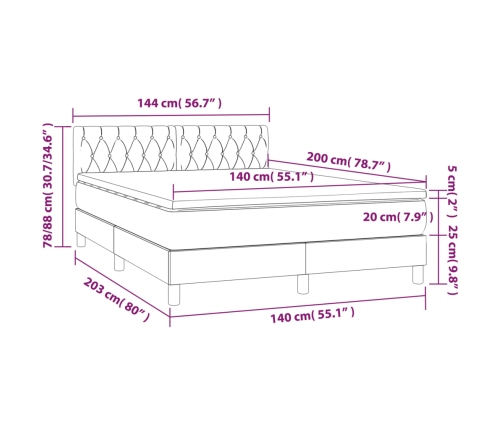 Cama box spring colchón y luces LED tela gris oscuro 140x200 cm