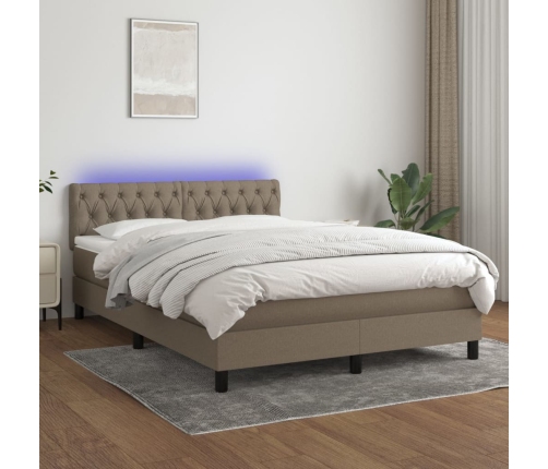 Cama box spring colchón y luces LED tela gris taupe 140x200 cm