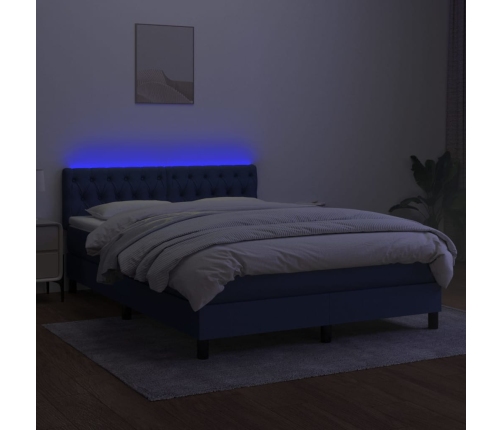 Cama box spring colchón y luces LED tela azul 140x200 cm