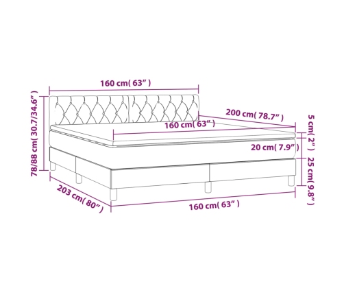 Cama box spring colchón y luces LED tela gris claro 160x200 cm