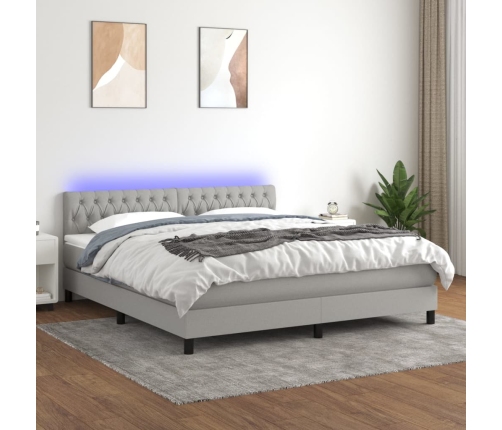 Cama box spring colchón y luces LED tela gris claro 160x200 cm