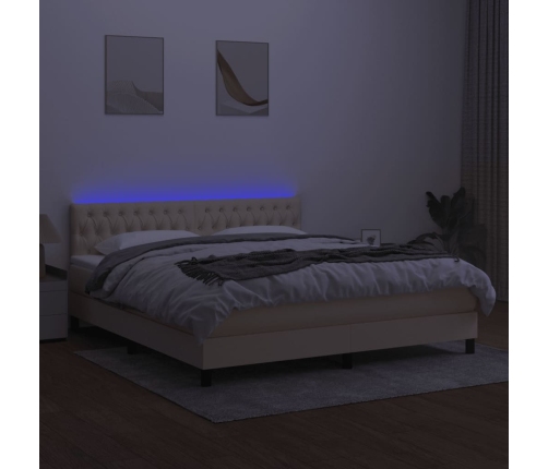 Cama box spring colchón y luces LED tela crema 160x200 cm