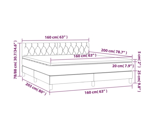 Cama box spring colchón y luces LED tela crema 160x200 cm