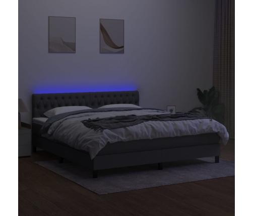 Cama box spring colchón y luces LED tela gris oscuro 180x200 cm