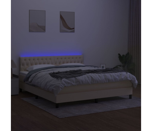 Cama box spring colchón y luces LED tela crema 180x200 cm