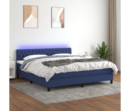 Cama box spring colchón y luces LED tela azul 180x200 cm