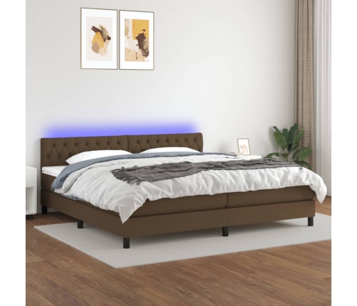 Cama box spring colchón luces LED tela marrón oscuro 200x200 cm