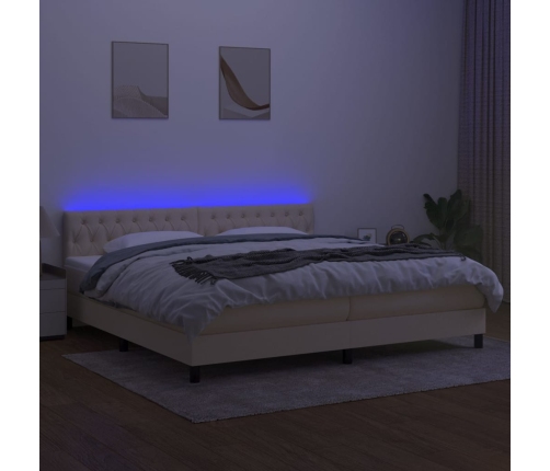 Cama box spring colchón y luces LED tela crema 200x200 cm