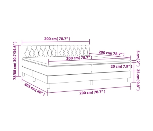 Cama box spring colchón y luces LED tela crema 200x200 cm