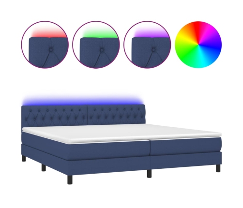 Cama box spring colchón y luces LED tela azul 200x200 cm