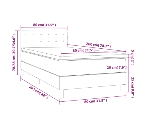 Cama box spring colchón y luces LED tela gris oscuro 80x200 cm