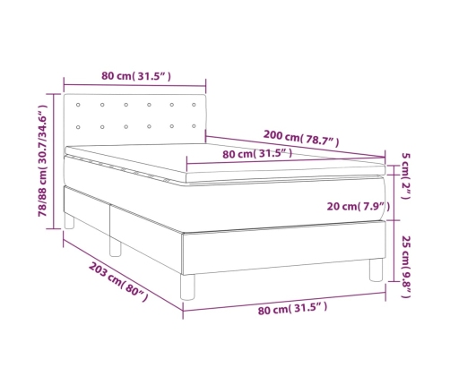 Cama box spring colchón y luces LED tela marrón oscuro 80x200cm