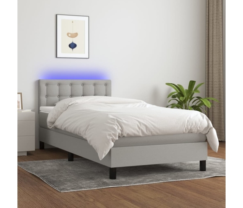 Cama box spring colchón y luces LED tela gris claro 90x190 cm