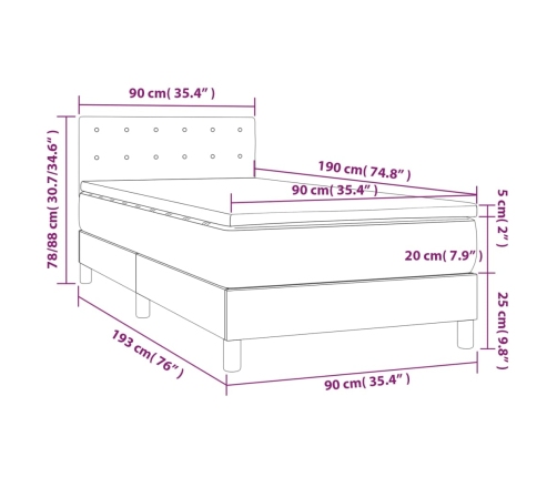 Cama box spring colchón y luces LED tela gris oscuro 90x190 cm