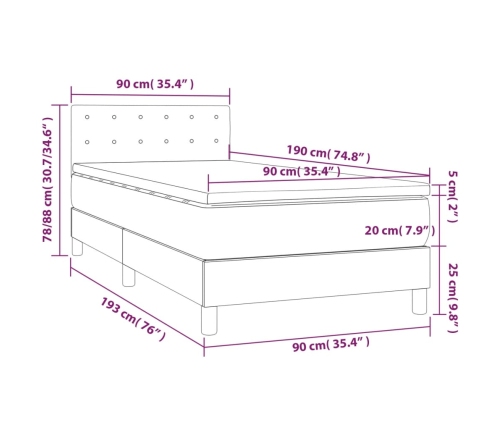 Cama box spring colchón y luces LED tela gris taupe 90x190 cm