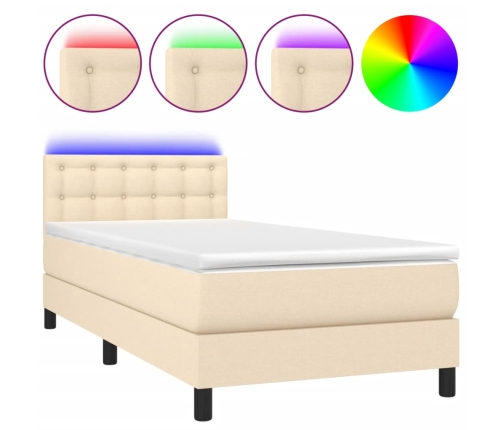 Cama box spring colchón y luces LED tela color crema 90x190 cm