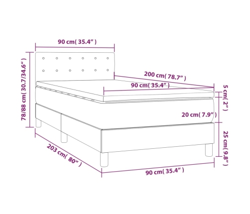 Cama box spring colchón y luces LED tela gris claro 90x200 cm