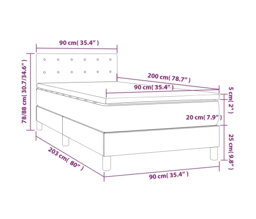 Cama box spring colchón y luces LED tela marrón oscuro 90x200cm