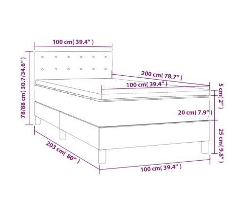 Cama box spring colchón y luces LED tela gris claro 100x200 cm