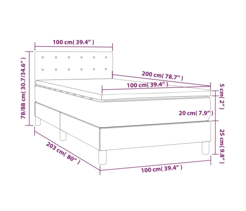 Cama box spring colchón luces LED tela marrón oscuro 100x200cm