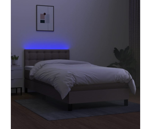 Cama box spring colchón y luces LED tela gris taupe 100x200 cm