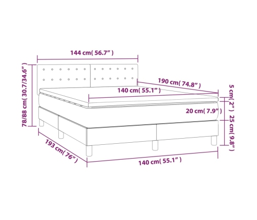 Cama box spring colchón y luces LED tela gris claro 140x190 cm