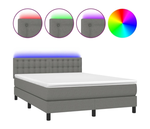 Cama box spring colchón y luces LED tela gris oscuro 140x190 cm