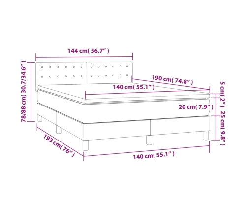 Cama box spring colchón y luces LED tela gris oscuro 140x190 cm