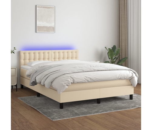 Cama box spring colchón y luces LED tela crema 140x190 cm