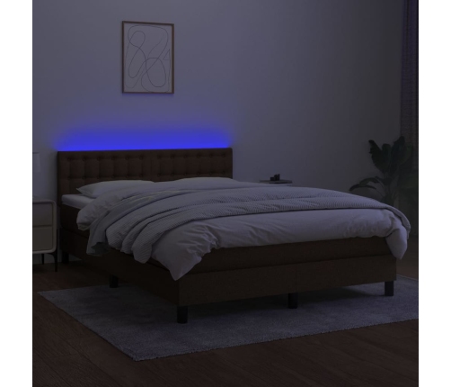 Cama box spring colchón luces LED tela marrón oscuro 140x200cm