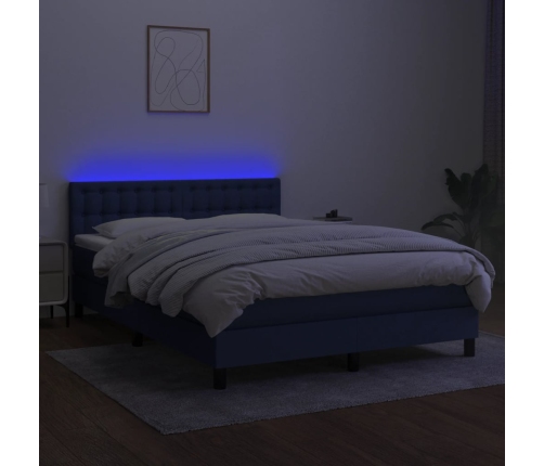 Cama box spring colchón y luces LED tela azul 140x200 cm