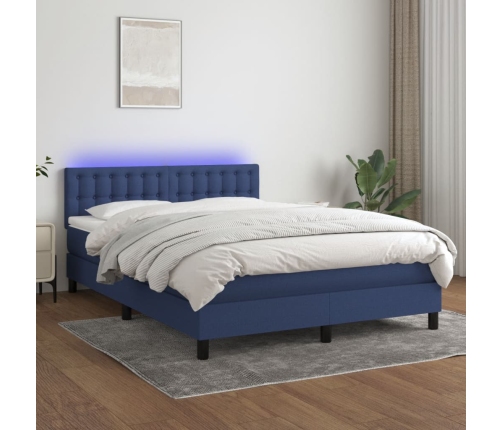 Cama box spring colchón y luces LED tela azul 140x200 cm