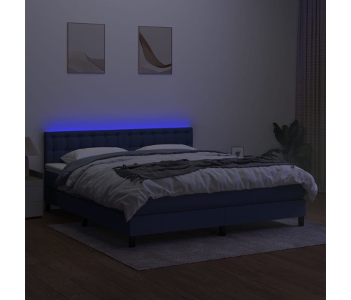 Cama box spring colchón y luces LED tela azul 160x200 cm