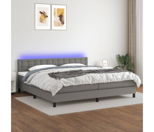 Cama box spring colchón y luces LED tela gris claro 200x200 cm