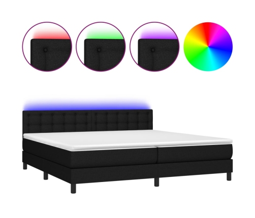 Cama box spring colchón y luces LED tela negro 200x200 cm