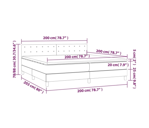 Cama box spring colchón y luces LED tela gris taupe 200x200 cm